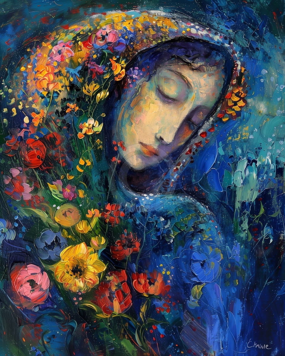 Mujer con bufanda y flores.