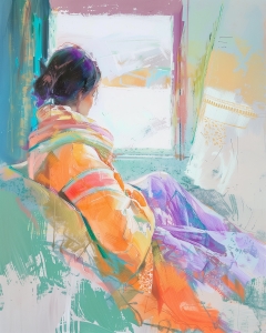 Portrait moderne de femme assise sur un fauteuil