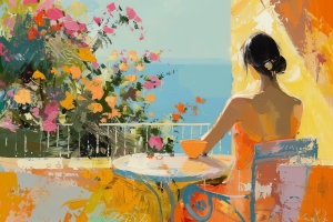 Donna al balcone con vista mare