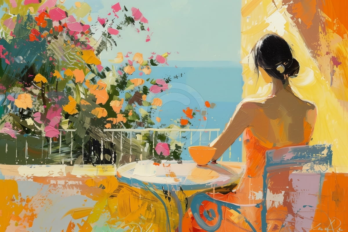 Mujer en el balcón con vista al mar