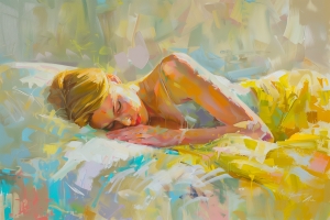 Retrato de mujer rubia expuesta a la luz del verano