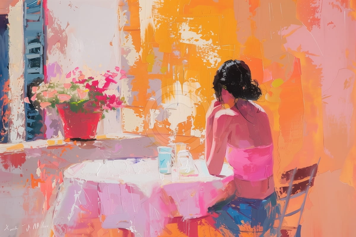 Femme sur une terrasse avec des fleurs