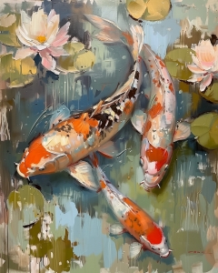 Carpa koi con vegetaci&oacute;n