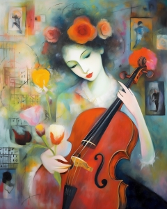 Fille avec violon et fleurs