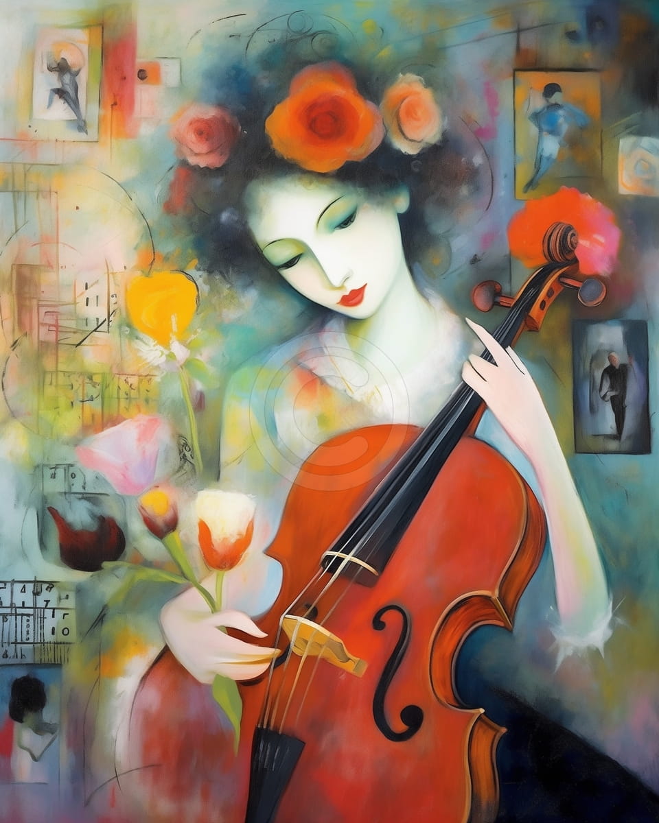 Fille avec violon et fleurs