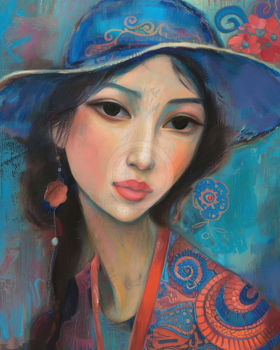 Mujer con sombrero azul