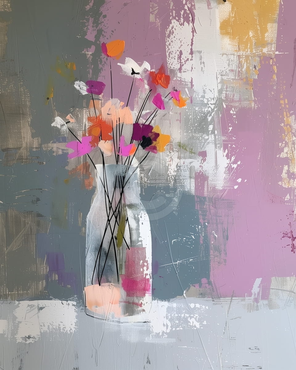 Fiori in vaso trasparente e sfondo astratto