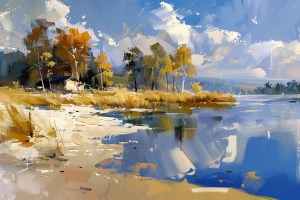 Paisaje de granja junto al lago