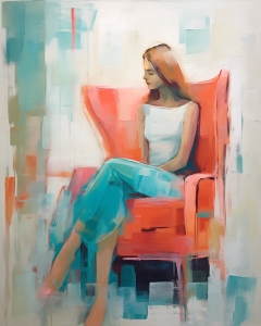 Woman in red armchair