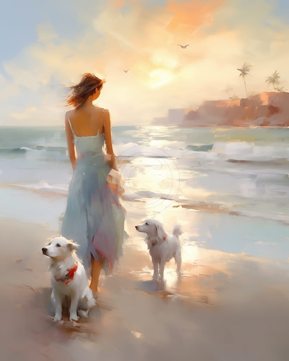 Fille avec des chiens sur la plage