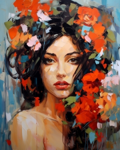 Chica con flores rojas en el pelo