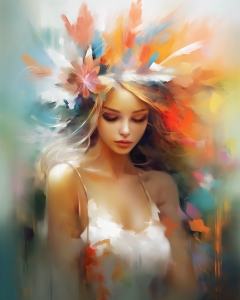 Femme avec des fleurs et des plumes dans les cheveux