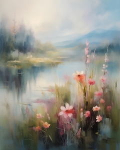 Neblige Seenlandschaft