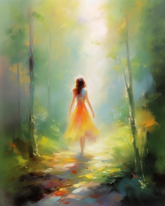 Chica amarilla en el bosque