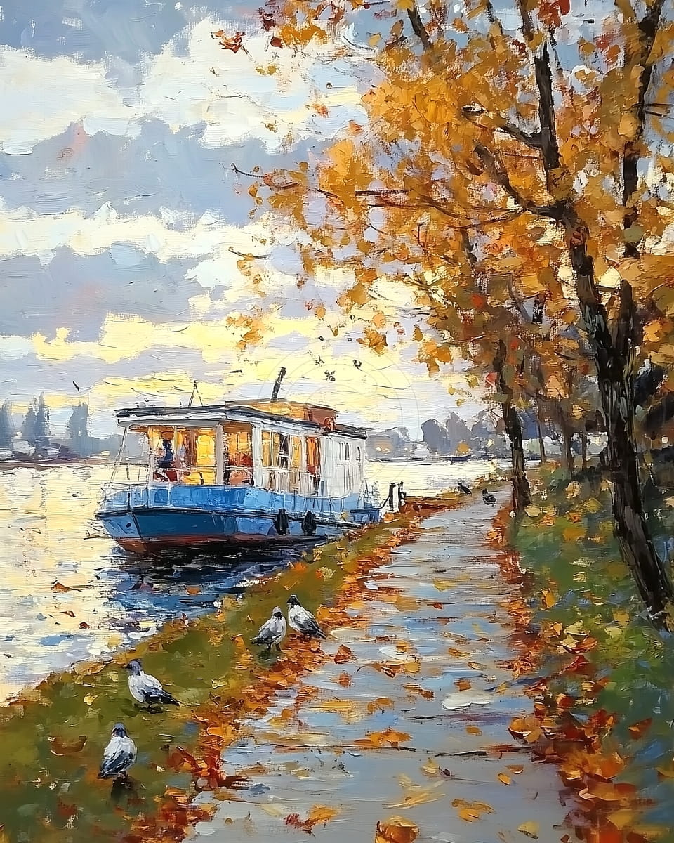 Paysage d'automne avec bateau