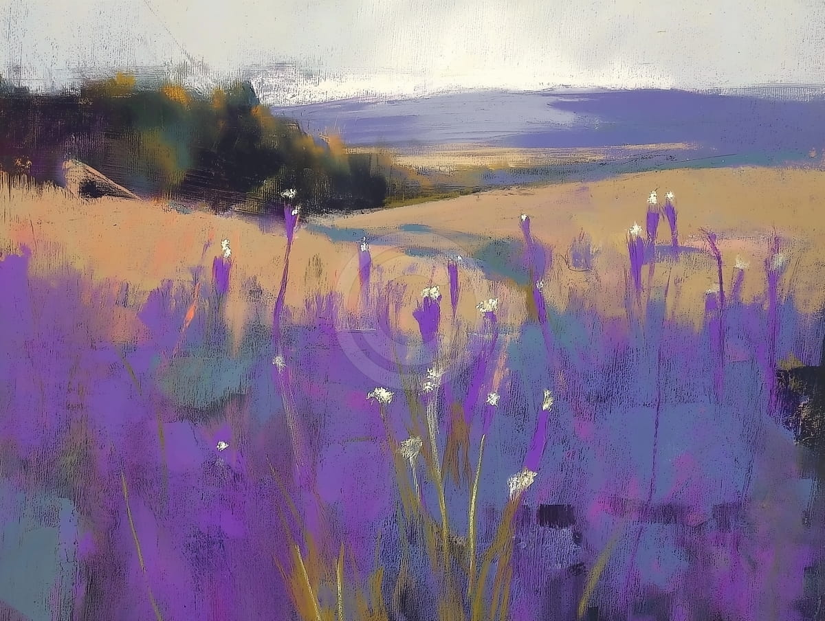 Paesaggio con fiori viola