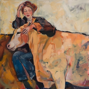 Femme se reposant avec sa vache