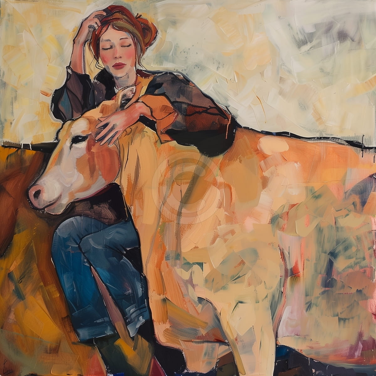 Femme se reposant avec sa vache