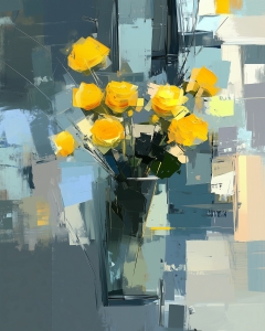 Roses Jaunes Abstraites dans un Vase en Verre