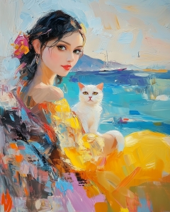 Ni&ntilde;a y gato con vistas al mar