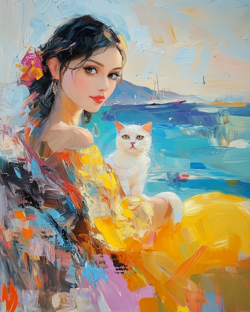 Fille et chat vue sur la mer