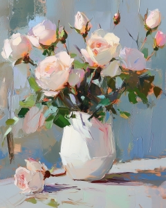 Roses roses dans un vase blanc