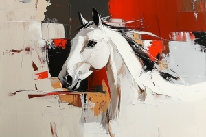 Cavallo bianco con sfondo astratto rosso