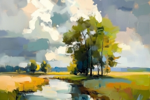 Trees by the River under a Cloudy Sky