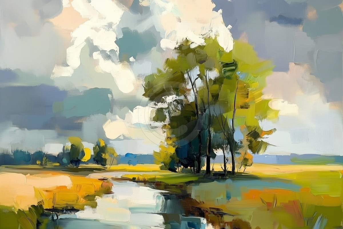 Alberi lungo il fiume sotto un cielo nuvoloso