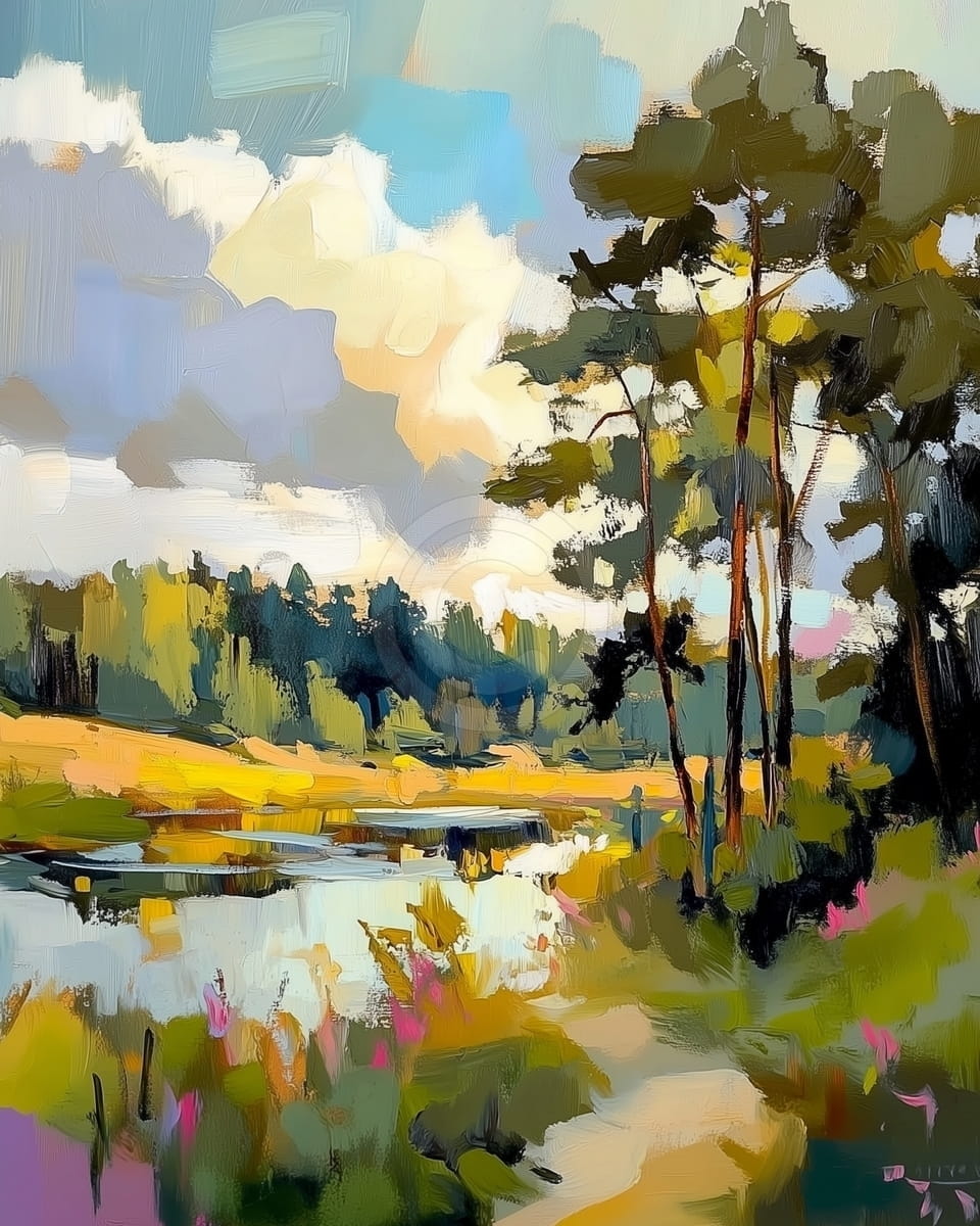 Pini lungo il fiume alla luce estiva