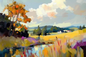 Paesaggio autunnale con case coloniche lontane