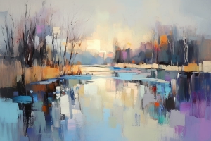 Fiume d'inverno al crepuscolo