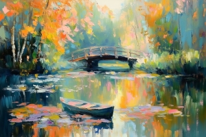 Pont en bois au-dessus de l&rsquo;&eacute;tang d&rsquo;automne