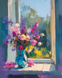 Fleurs Sauvages dans un Vase en Verre Bleu