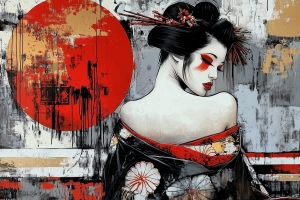 Geisha con sol rojo y kimono floral