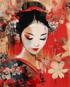 Geisha en rouge dans un silence fleuri