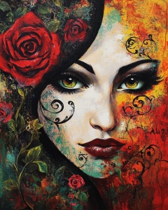 Mujer encantada con rosas y espirales ornamentales