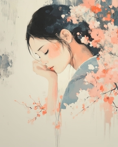 Chica con flores en silencio suave