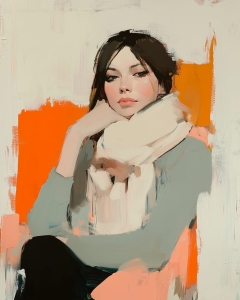 Femme &agrave; l&rsquo;&eacute;charpe blanche sur fond orange