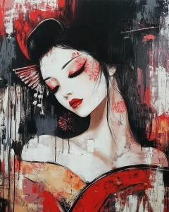 Geisha con abanico rojo en composici&oacute;n de ensue&ntilde;o