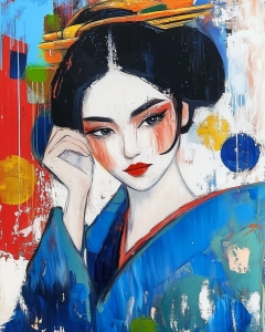 Geisha in blu con sfondo astratto