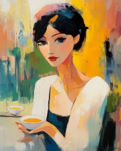 Mujer con t&eacute; en un entorno moderno