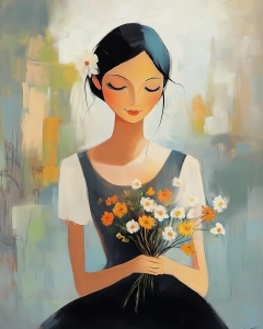 Fille tenant un bouquet de fleurs des champs