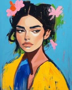 Femme avec fleurs dans les cheveux sur fond bleu