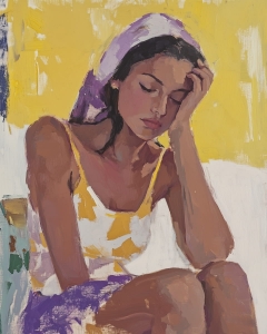 Donna con foulard e testa appoggiata