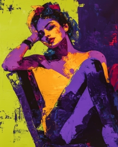 Donna in toni neon, assorta nei pensieri