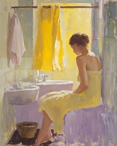 Woman in Towel Sitting by the Sink