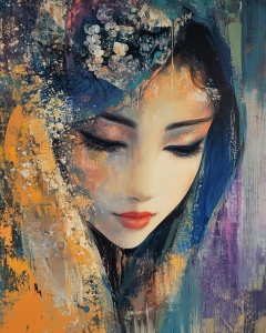 Visage de jeune fille aux yeux ferm&eacute;s et voile oriental