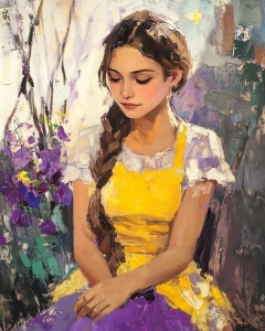 Bambina con vestito giallo e fiori viola