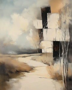 Sentiero Astratto con Alberi e Forme Geometriche